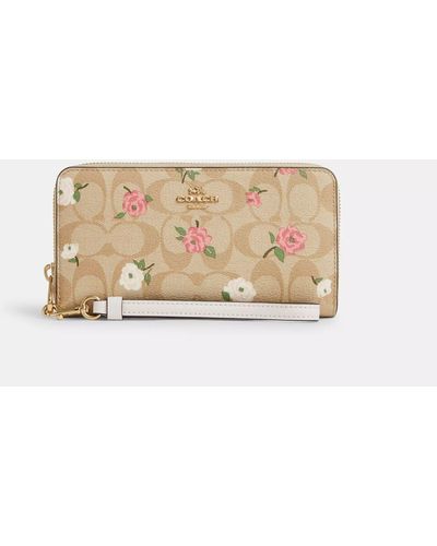 COACH Long Zip Around Wallet In Signature Canvas With Floral Print - Natural