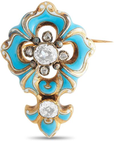 Non-Branded Lb Exclusive 18k Yellow And Silver 1.60ct Diamond Enamel Brooch Mf18-041924 - Blue
