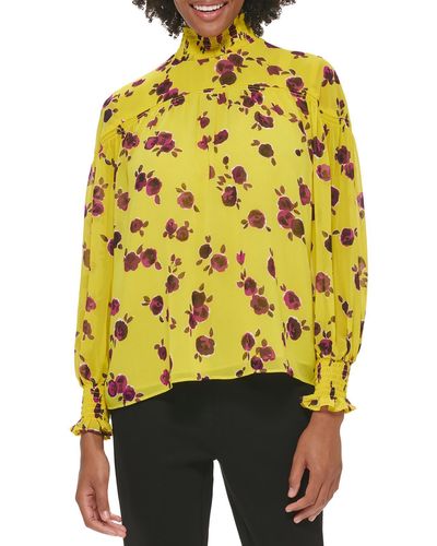 Calvin Klein Petites Causal Floral Pullover Top - Yellow