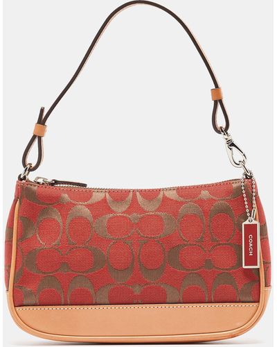 COACH /beige Signature Canvas And Leather Pochette Bag - Red