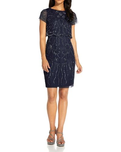 Adrianna Papell Beaded Midi Cocktail And Party Dress - Blue