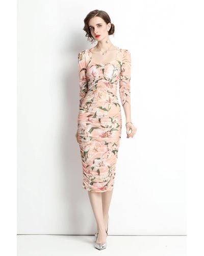 Kaimilan Apricot & Floral Print ?ocktail & Party Fitted Sweetheart Neck Elbow Sleeve Midi Floral Dress - Multicolor