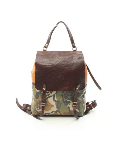 Il Bisonte Classic Classic Backpack Rucksack Camouflage Leather Canvas Dark Color - Brown