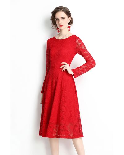 Kaimilan Evening Lace A-line Boatneck Long Sleeve Midi Classic Dress - Red