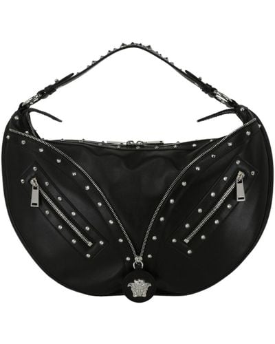 Versace Leather Zipper Studded Hobo Bag - Black