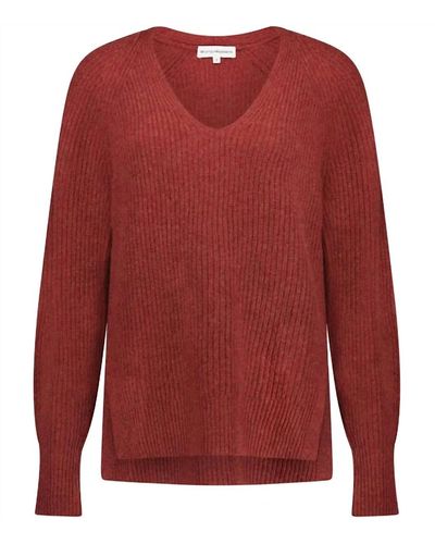 White + Warren Ribbed Blouson Sleeve Sweater - Red