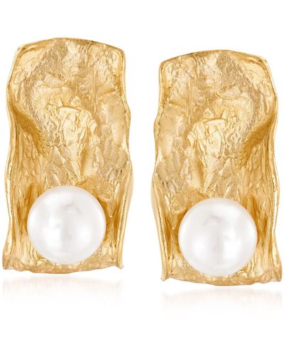 Ross-Simons Italian 7.5-8mm Cultured Pearl Sculptural Earrings - Metallic