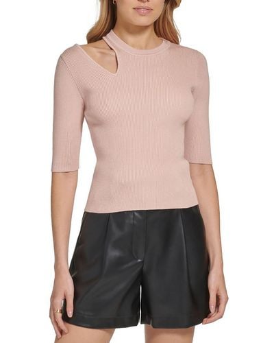 DKNY Shoulder Cut-out Ribbed Pullover Top - Black