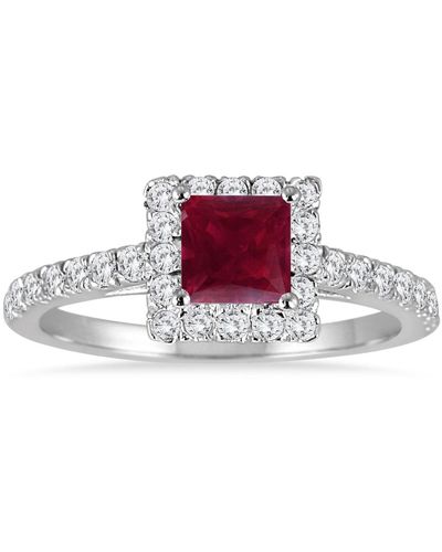 Monary 1 Carat Tw Princess Cut Ruby And Diamond Halo Engagement Ring - Red