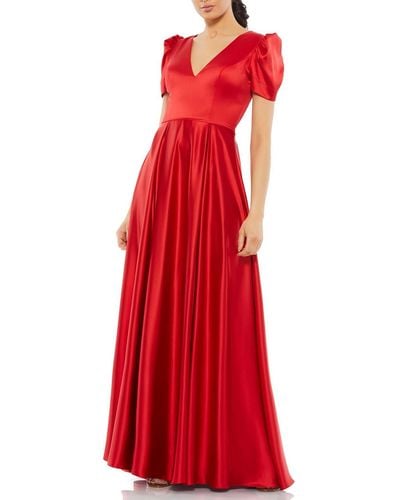 Ieena for Mac Duggal Satin Puff Sleeve Evening Dress - Red