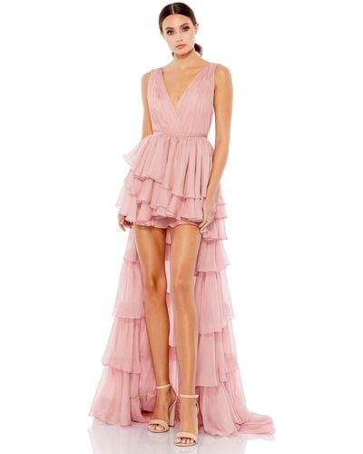 Ieena for Mac Duggal High Low Tiered Gown With Built - Pink