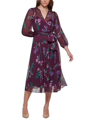 Calvin Klein Chiffon Floral Wrap Dress - Purple