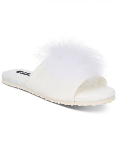 INC Feathered Round Toe Slide Sandals - White