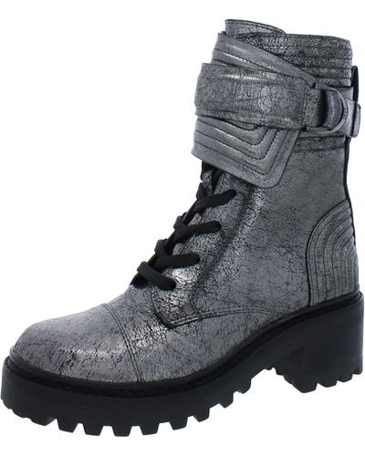 DKNY Basia Leather Metallic Combat & Lace-up Boots - Black