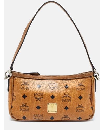 MCM Cognac Visetos Coated Canvas And Leather Baguette Bag - Brown