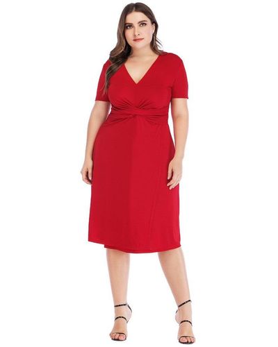 Kaimilan Red Evening A-line V-neck Short Sleeve Below Knee Dress