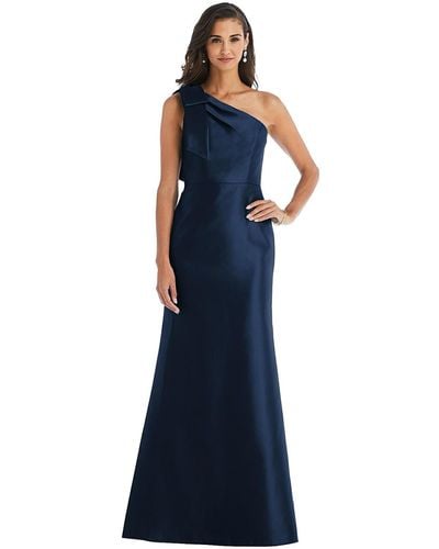 Alfred Sung Bow One-shoulder Satin Trumpet Gown - Blue