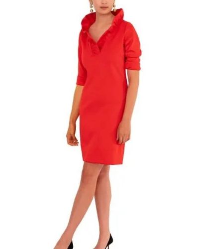 Gretchen Scott Ruffleneck Solid Dress - Red