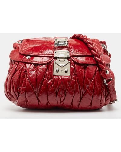 Miu Miu Matelassé Patent Leather Coffer Shoulder Bag - Red
