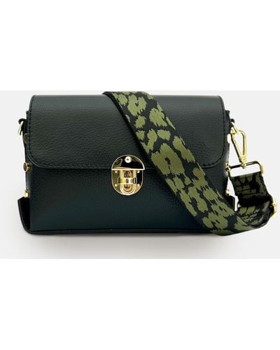 Apatchy London The Bloxsome Black Leather Crossbody Bag With Olive Cheetah Strap - Green