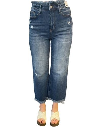 Judy Blue High Waist Fray Crop Straight Jeans - Blue