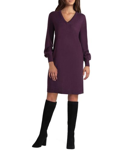 Isaac Mizrahi New York Heather Frozen Ribbed Trim Knee Length Sweaterdress - Purple