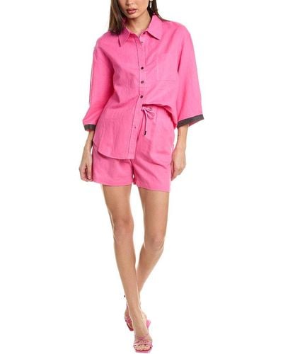 Beulah London 2pc Linen-blend Shirt & Short Set - Pink