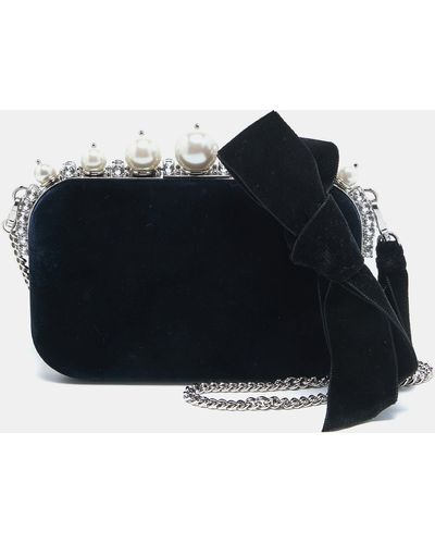Miu Miu Navy Velvet Pearl And Crystal Embellished Box Chain Clutch - Black