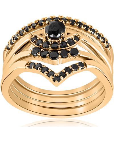 Pompeii3 1/2ct 4-ring Stackable Yellow Black Diamond Curved Wedding Engagement Set - Metallic