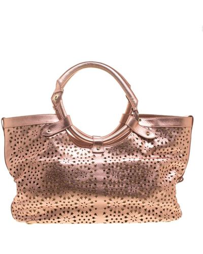 Jimmy Choo Metallic Rose Gold Leather Laser Cut Out Open Tote - Brown