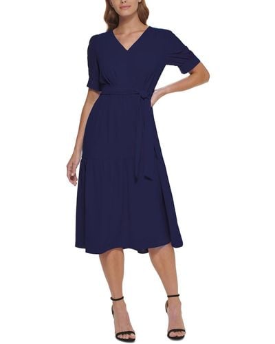 DKNY Short Sleeves Calf Midi Dress - Blue