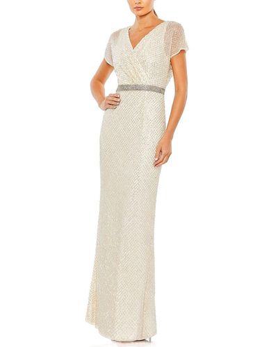 Mac Duggal Beaded Butterfly Sleeve Column Gown - White