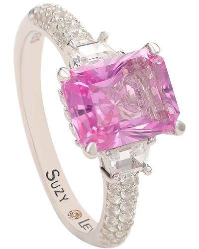 Suzy Levian Sterling Silver Sapphire & Diamond Accent 3cttw Emerald Cut Bridal Ring - Pink