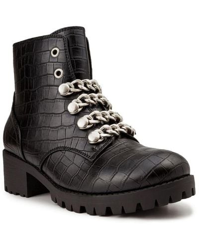 Sugar Obvi Faux Leather Chain Combat & Lace-up Boots - Black