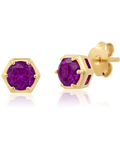 Nicole Miller Sterling Silver And 14k Yellow Gold Plated Round Cut 5mm Gemstone Hexagon Stud Earrings - Pink