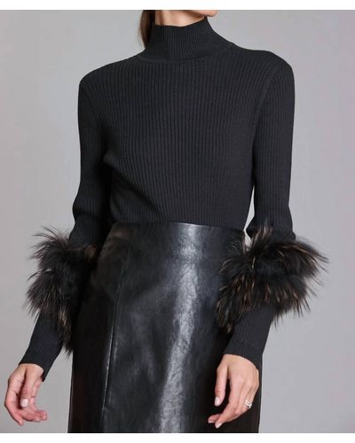tyler boe Cashmere Mock Neck With Fur Sweater - Black