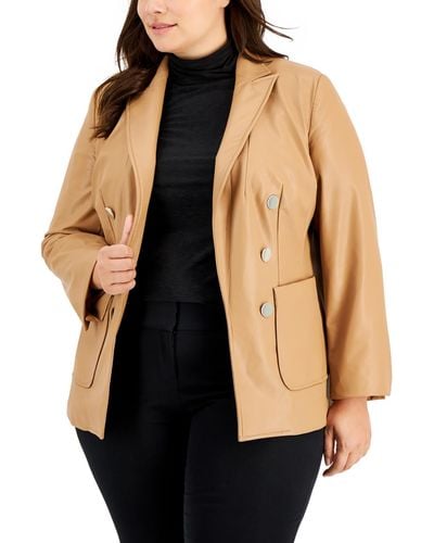 Anne Klein Plus Faux Leather Open Front Double-breasted Blazer - Natural