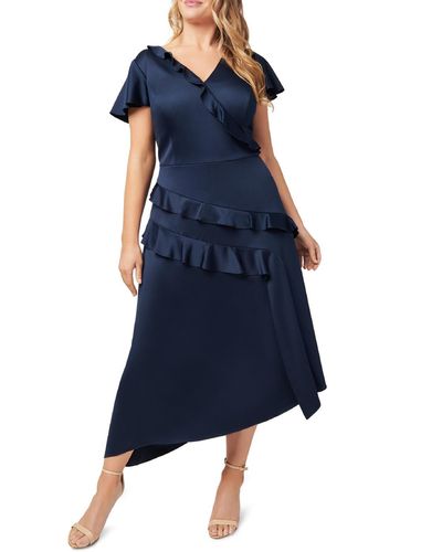 Adrianna Papell Plus Satin Ruffled Cocktail And Party Dress - Blue