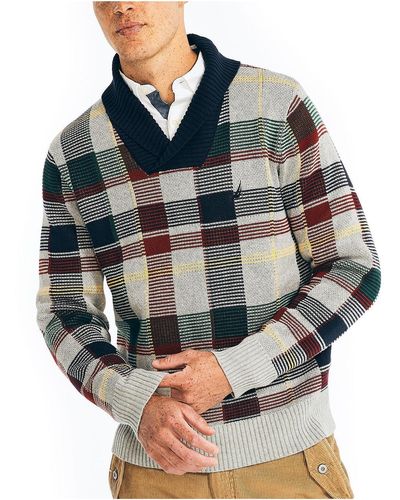 Nautica Shawl Collar Plaid Pullover Sweater - Gray