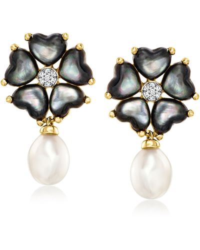 Ross-Simons Black Mother-of-pearl And 6-6.5mm Cultured Pearl Flower Drop Earrings With Diamond Accents