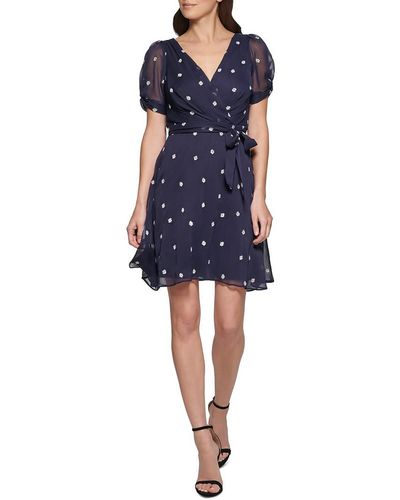 DKNY Petites Embroidered Above Knee Fit & Flare Dress - Blue