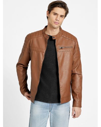 Guess Factory River Washed Faux-leather Moto Jacket - Natural
