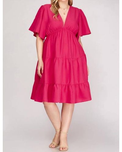 She + Sky Fuchsia Plunge Dress - Pink