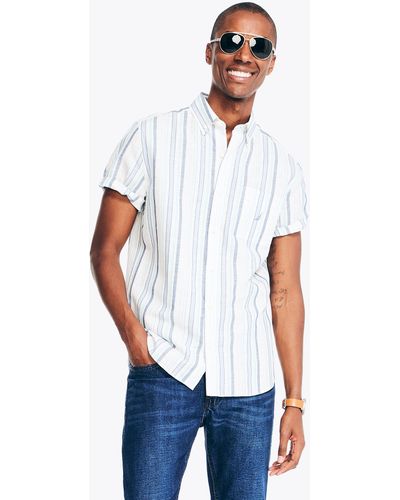 Nautica Sustainably Crafted Striped Linen Short-sleeve Shirt - White
