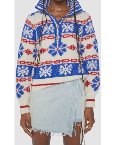 Mother The Buttoned Funnel Sweater In Snow Daze - Blue