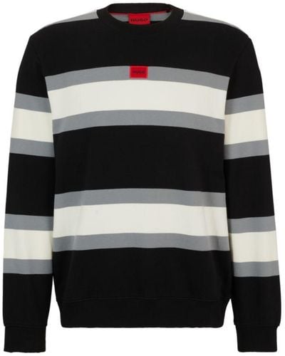 HUGO Cotton Sweatshirt With Block Stripes And Red Logo Label - Black