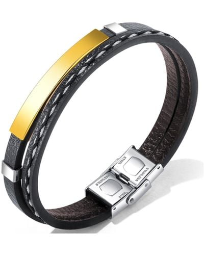 Stephen Oliver 18k Gold Two Tone Leather Id Bracelet - Black