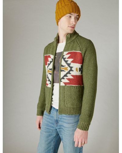 Lucky Brand Southwestern Print Full Zip Bomber Sweater - Green