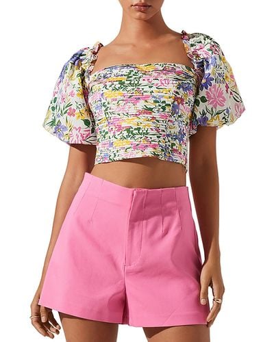 Astr Shutter Pleat Floral Print Cropped - Pink