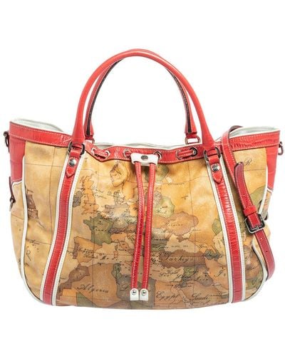 Alviero Martini 1A Classe Tan Geo Print Coated Canvas And Leather Drawstring Shoulder Bag - Red